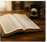 An open Bible beside a Men Walking With God coffee mug